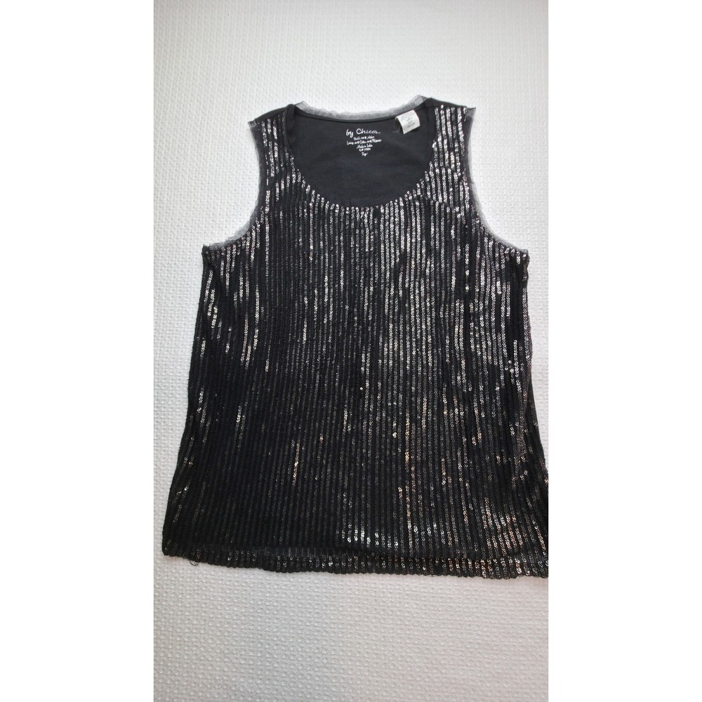 Chico's Sequin Tank Top Womens Size 1 Black Nylon Mesh Sparkle Party EUC
